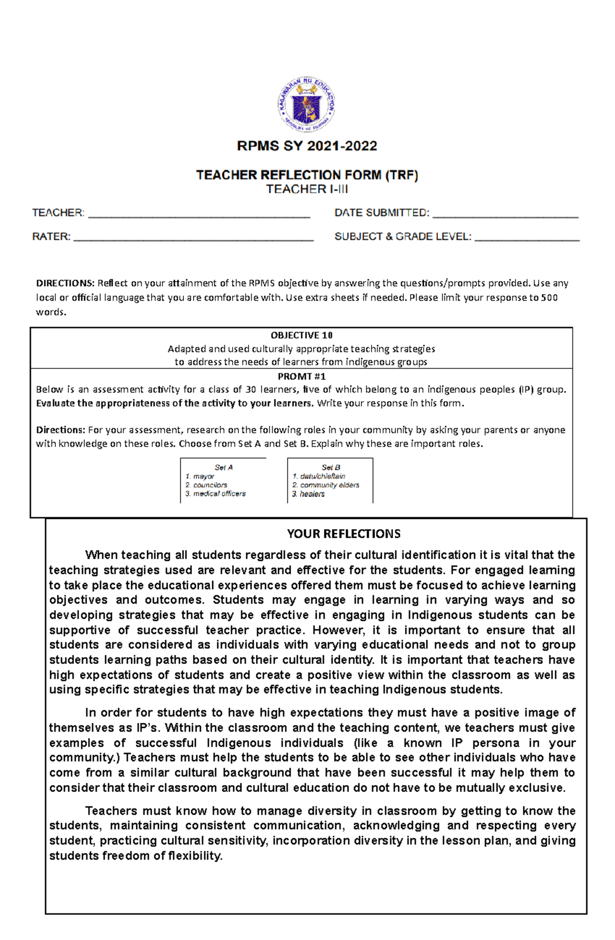 Trf objective 10 - EME - DIRECTIONS: Reflect on your attainment of the ...