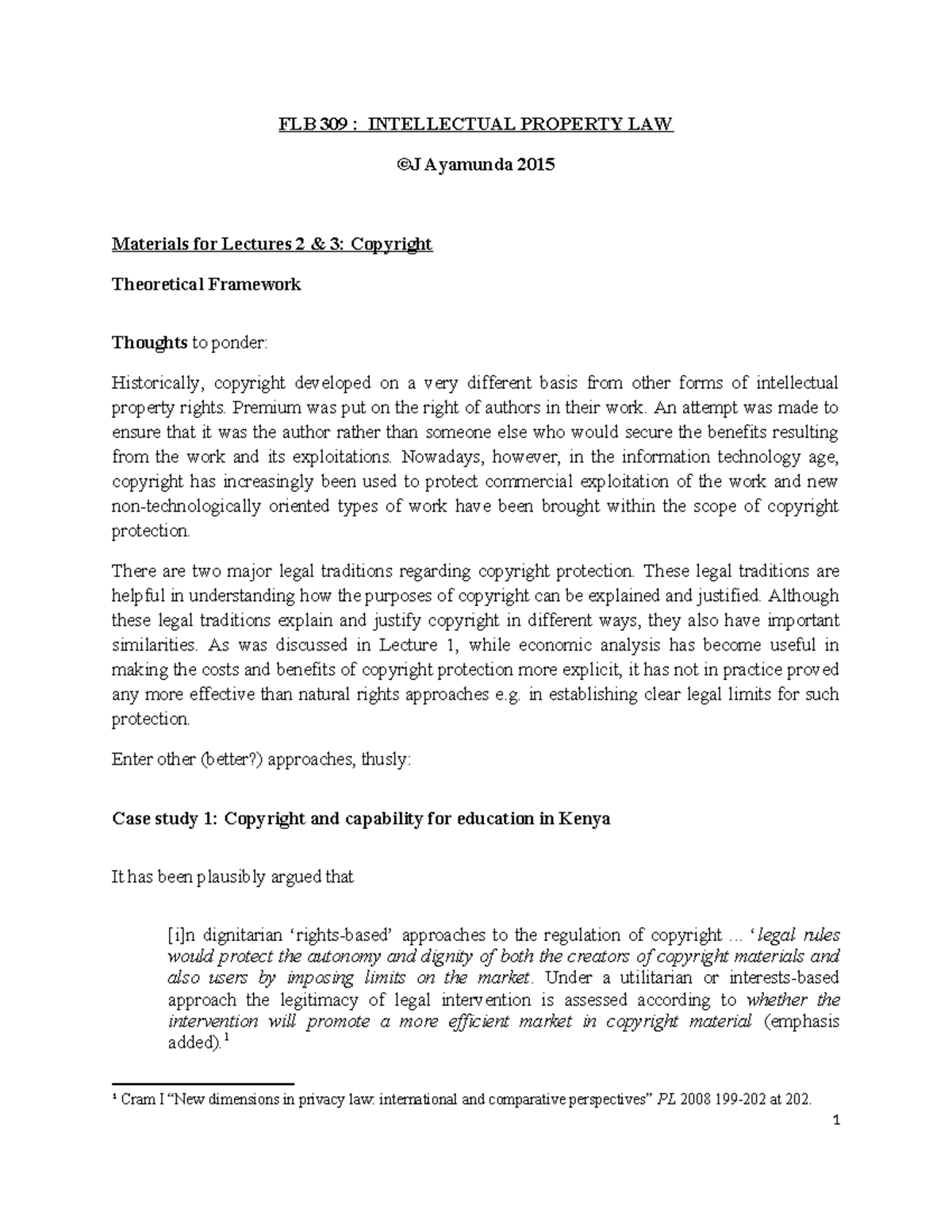 IPL Lecture 2&3 - IPL NOTES - FLB 309 : INTELLECTUAL PROPERTY LAW ©J ...