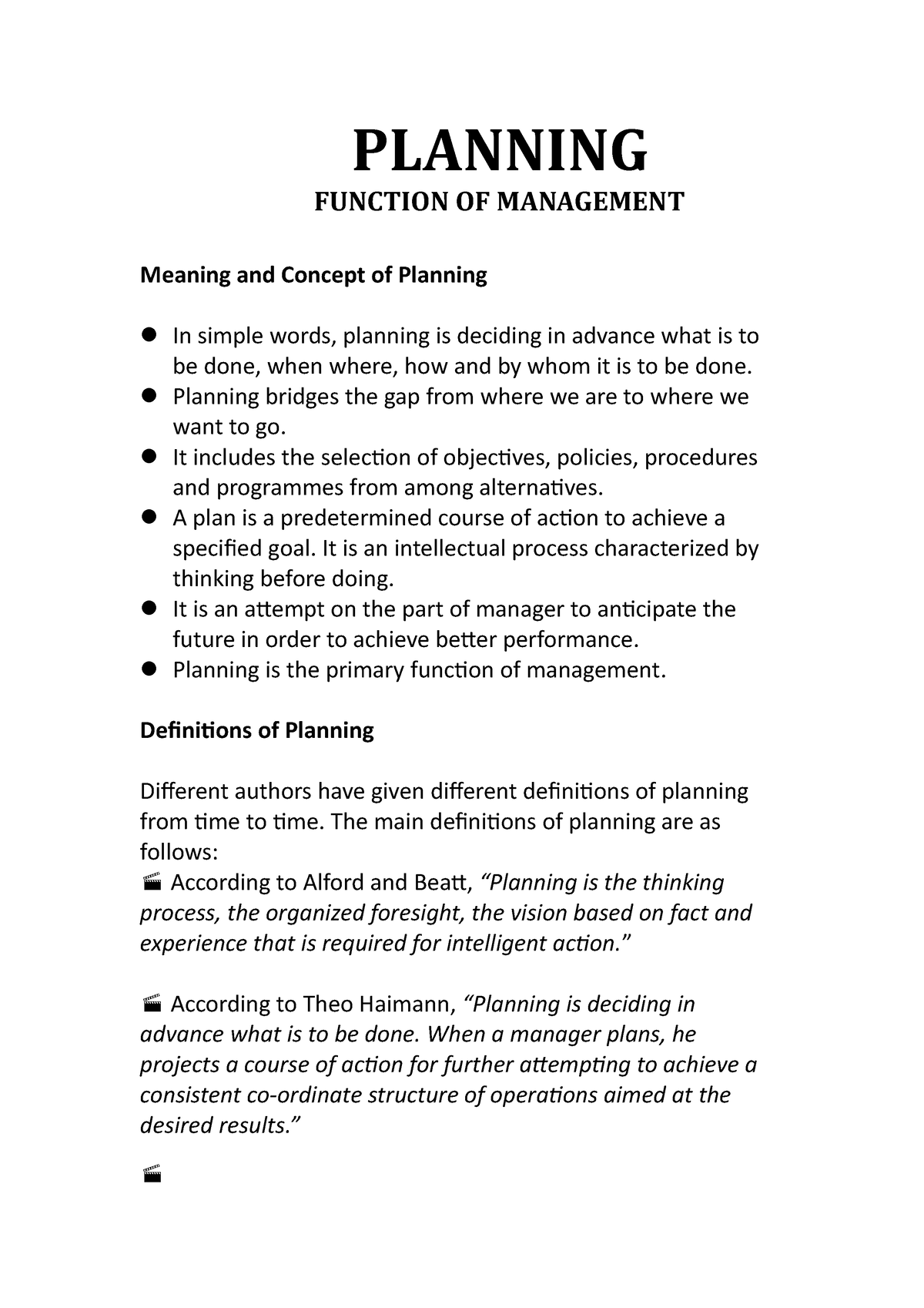 Planning PLANNING FUNCTION OF MANAGEMENT Meaning and Concept of