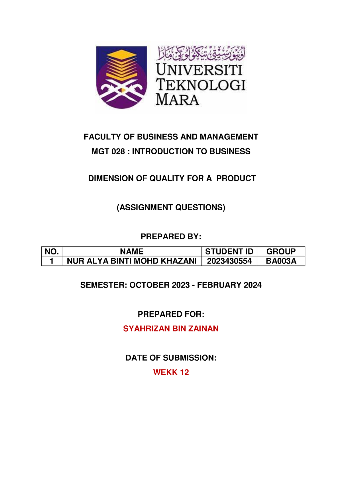 MGT - Okay - FACULTY OF BUSINESS AND MANAGEMENT MGT 028 : INTRODUCTION ...