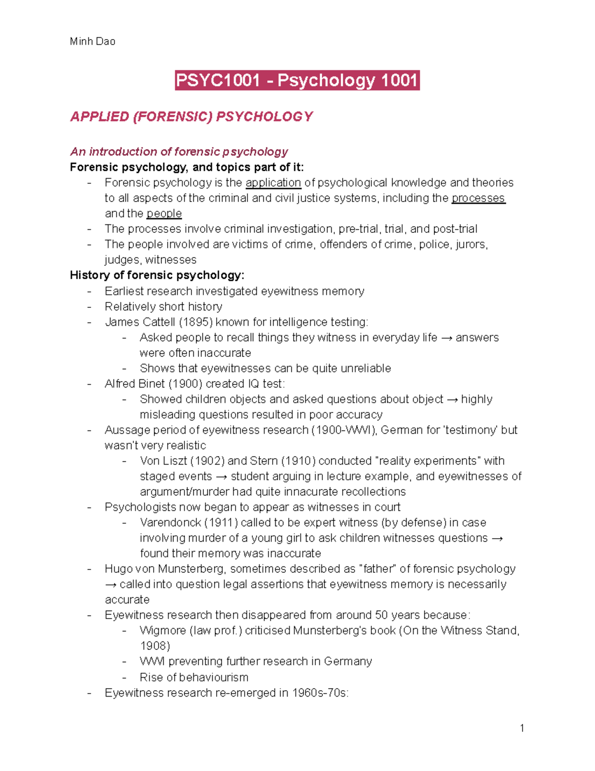 PSYC1001 - Lecture Notes For The Final Exam (excluding First Two ...