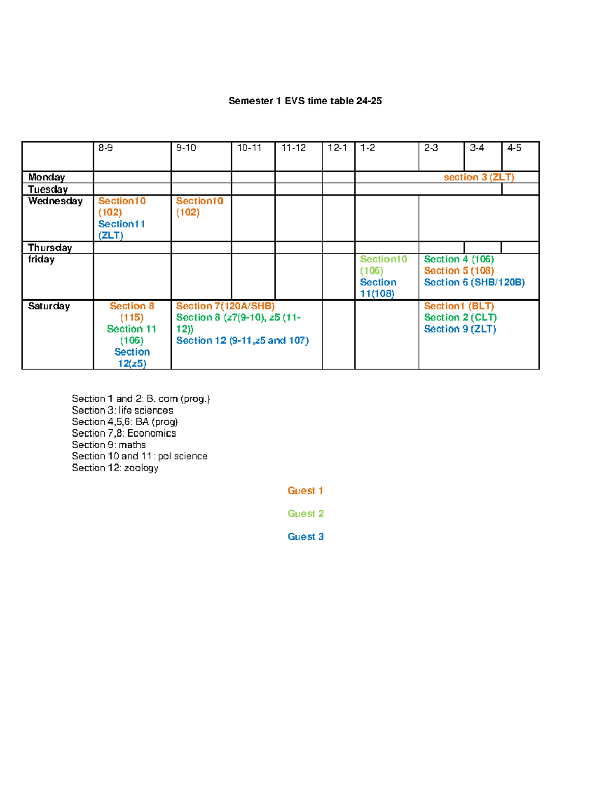 EVS tt2024 020924 - EVS - Semester 1 EVS time table 24- 25 8 - 9 9 - 10 ...