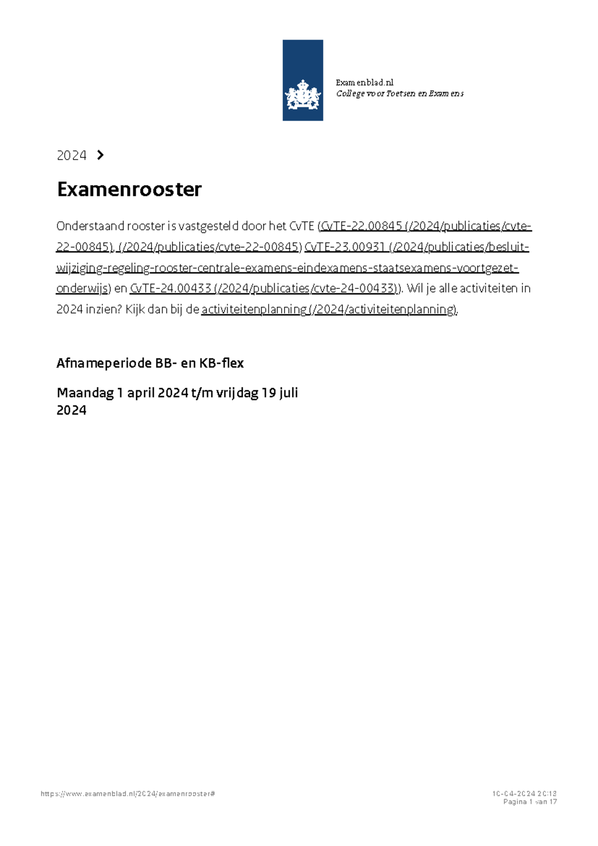 Examenrooster 2024 Examenblad - Onderstaand Rooster Is Vastgesteld Door ...