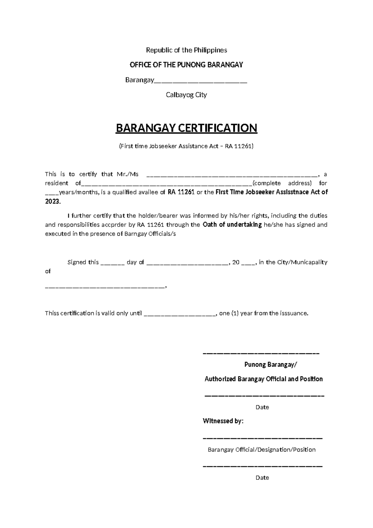 Certification for first jobseeker - Republic of the Philippines OFFICE ...