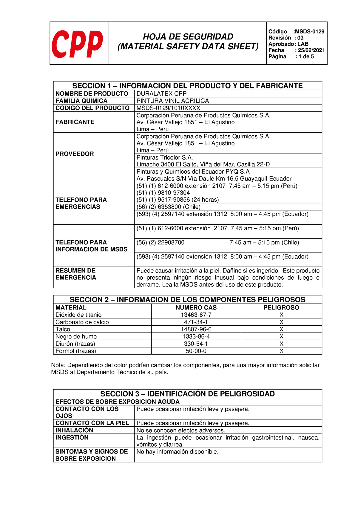 Pinturas Cpp Latex Duralatex Ficha De Seguridad - HOJA DE SEGURIDAD ...