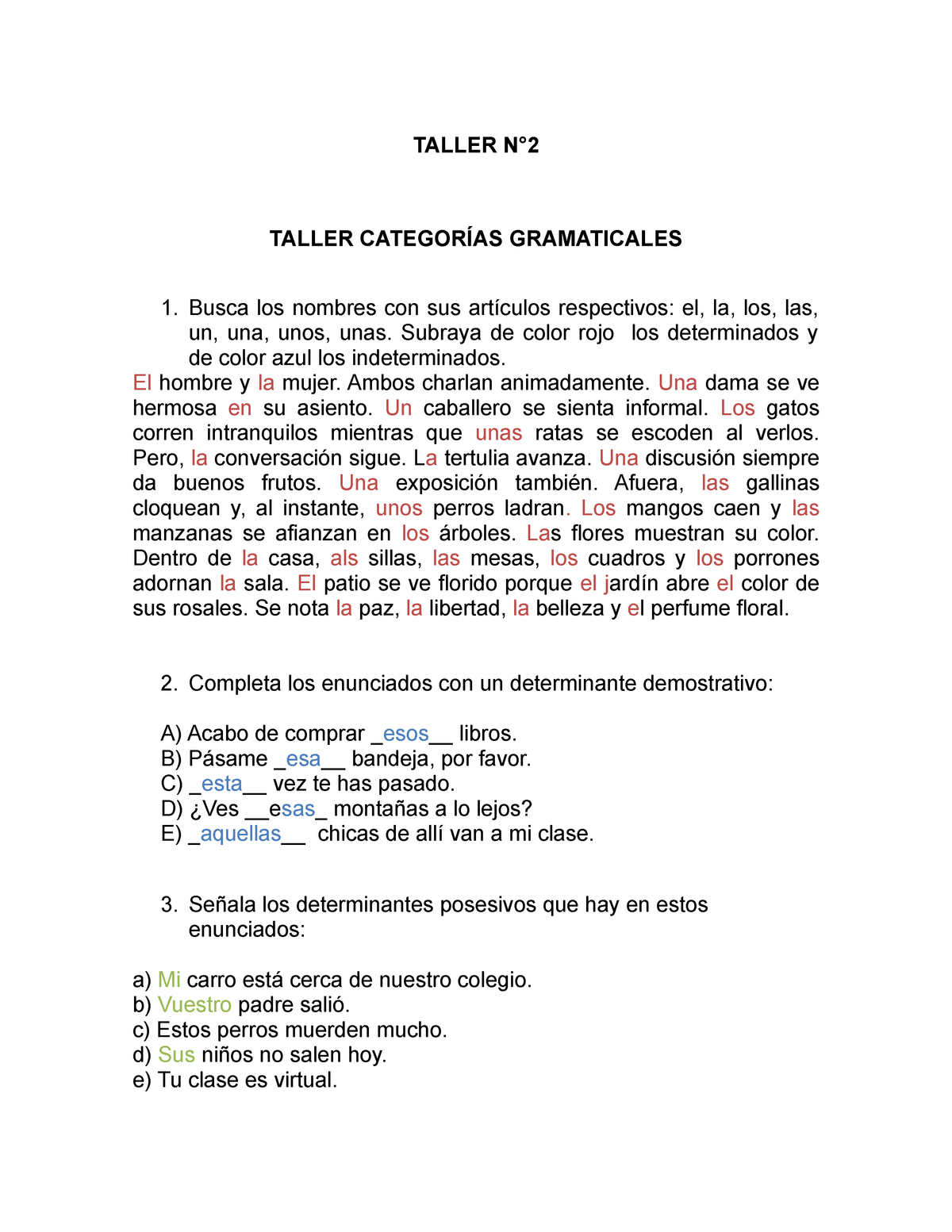 Taller N Espa Ol Resuelto Para Todos Taller N Taller Categor As Gramaticales Busca Los