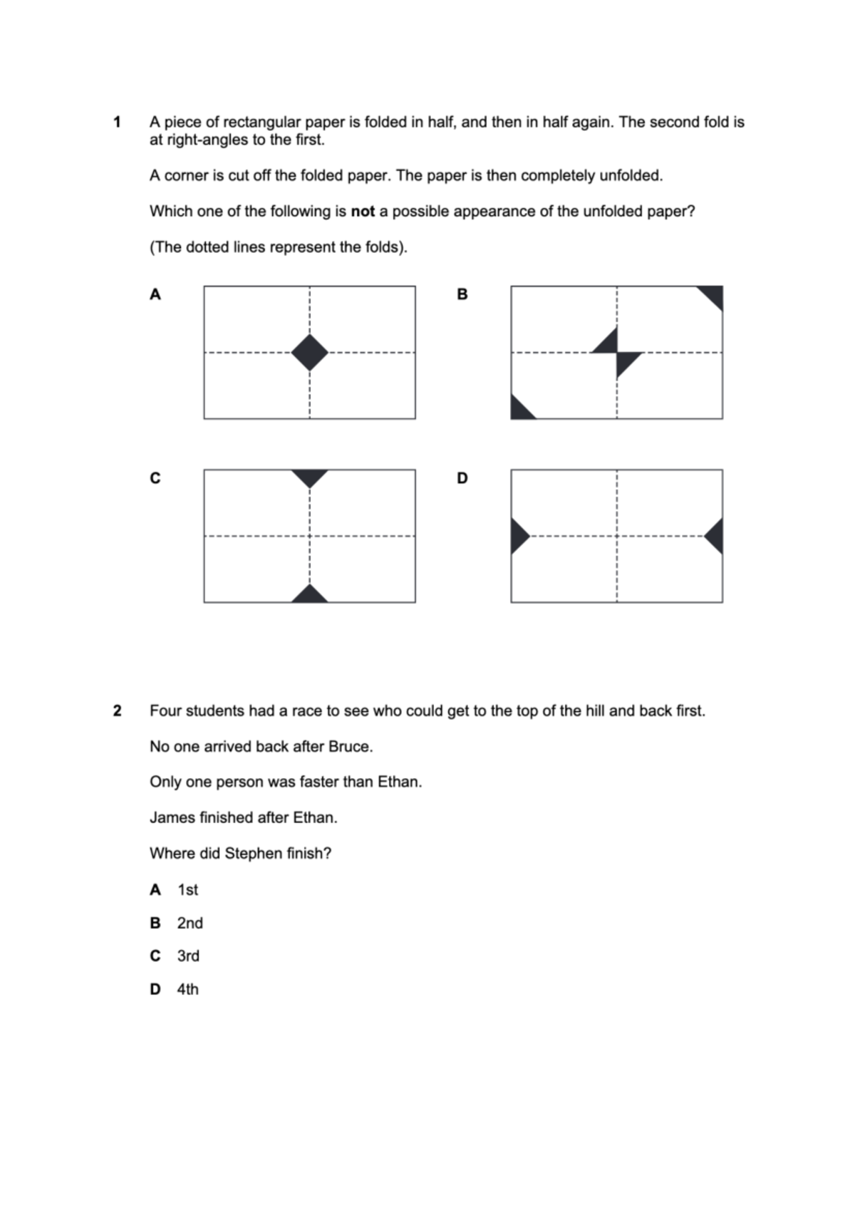 2021 Selective Test - 1 A piece of rectangular paper is folded in half ...