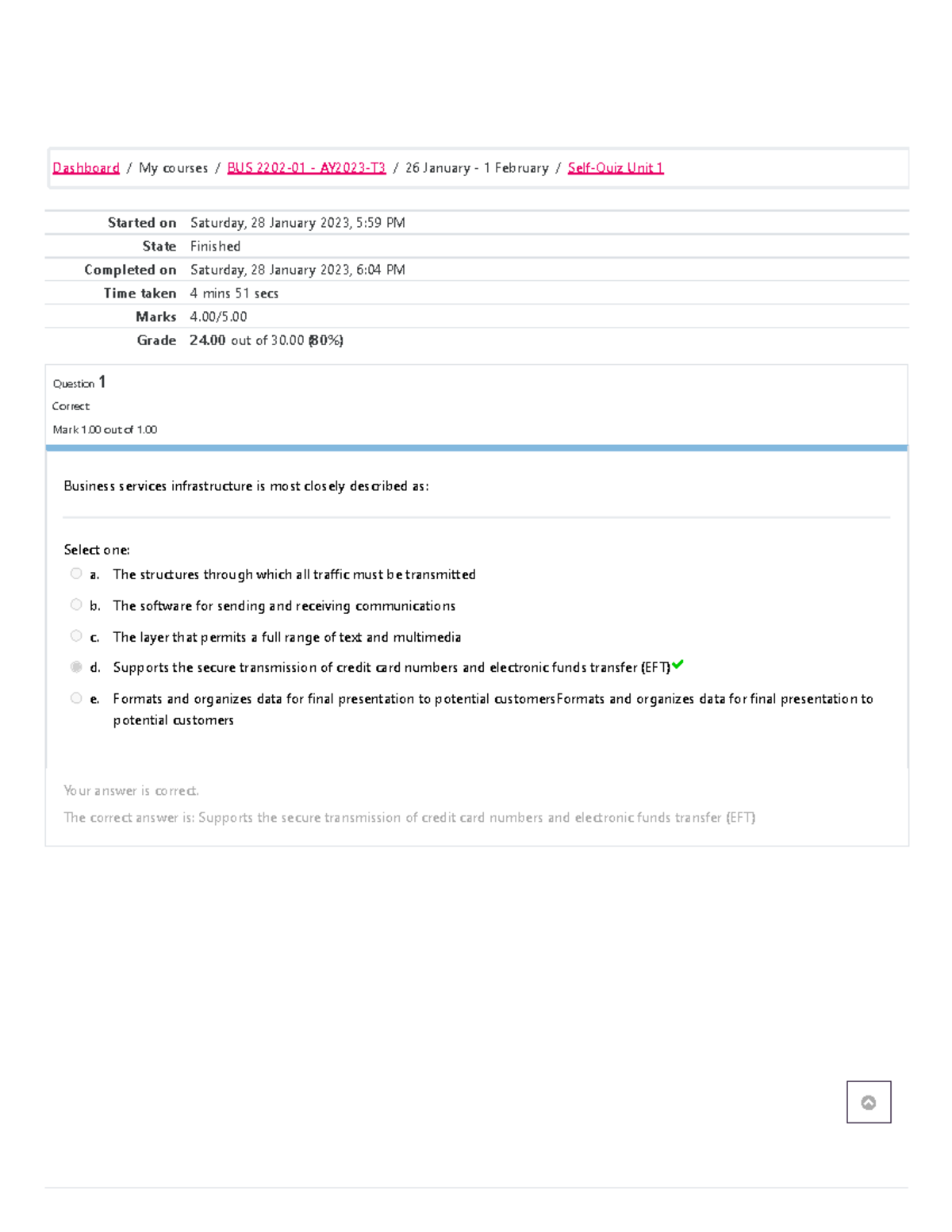 BUS 2202 Self-Quiz Unit 1 Attempt 1 Review - Started On Saturday, 28 ...