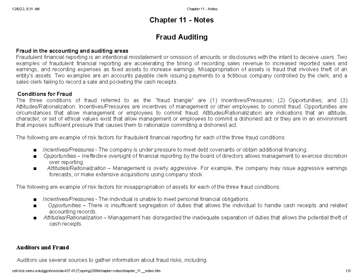 Chapter 11 Fraud Auditing - Notes - 12/6/22, 9:31 AM Chapter 11 - Notes ...