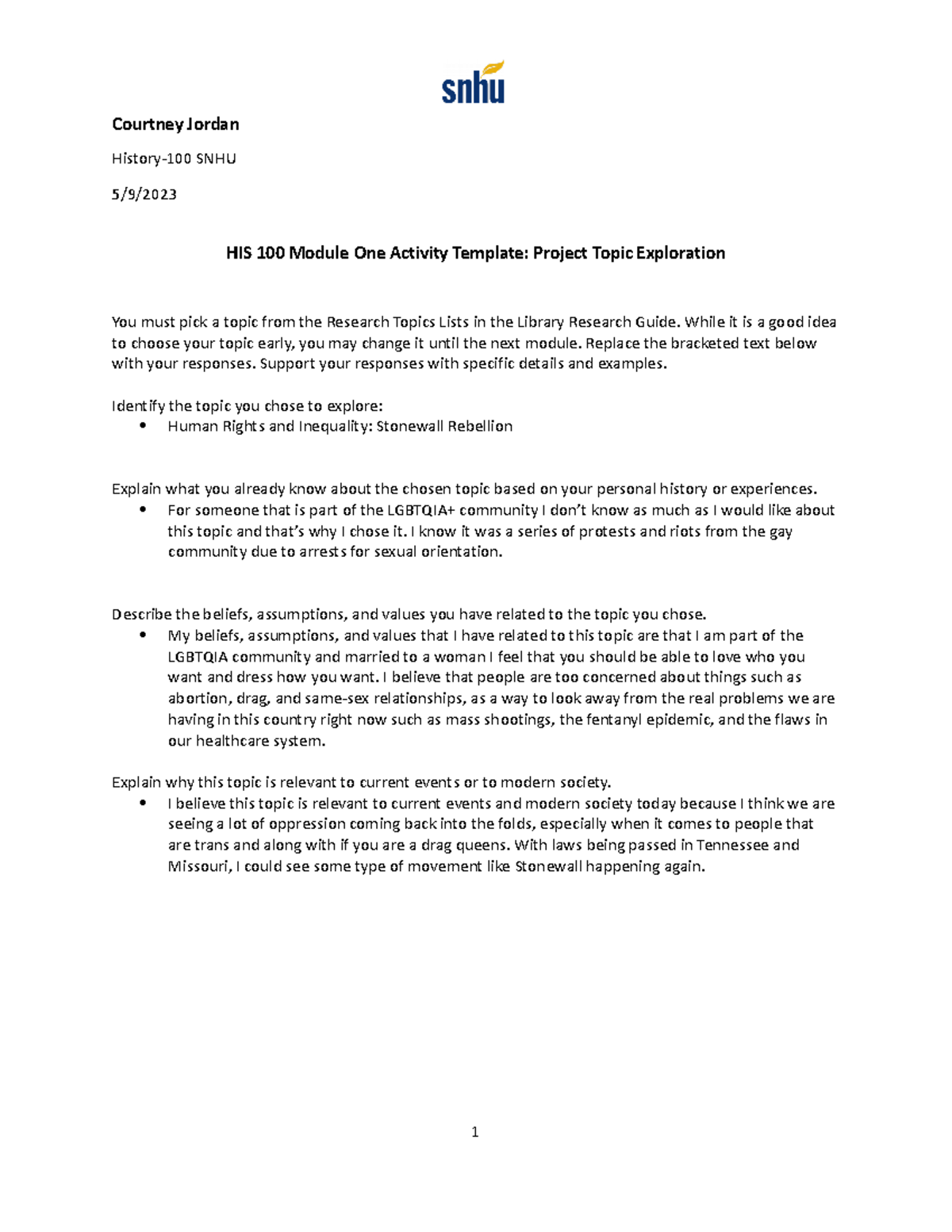 HIS 100 Module One Activity CJ - Courtney Jordan History-100 SNHU 5/9 ...