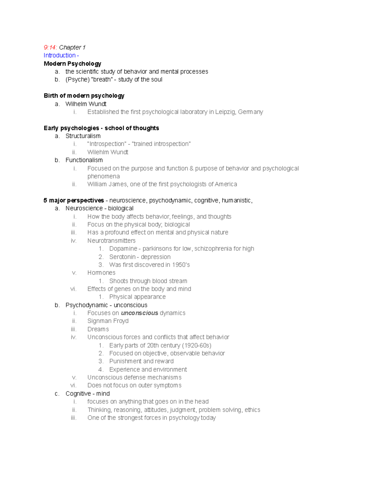 Chapter 1 Notes Intro To Psychology 9 14 Chapter 1 Introduction Modern Psychology A The