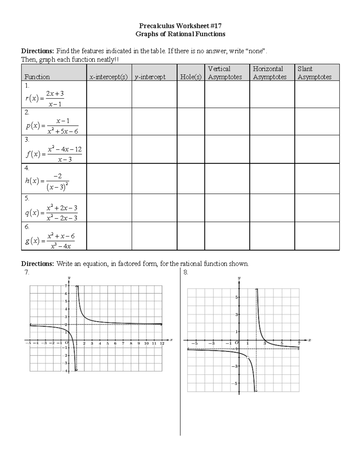 PC Worksheet #17 Graph Rational Functions - Precalculus Worksheet ...