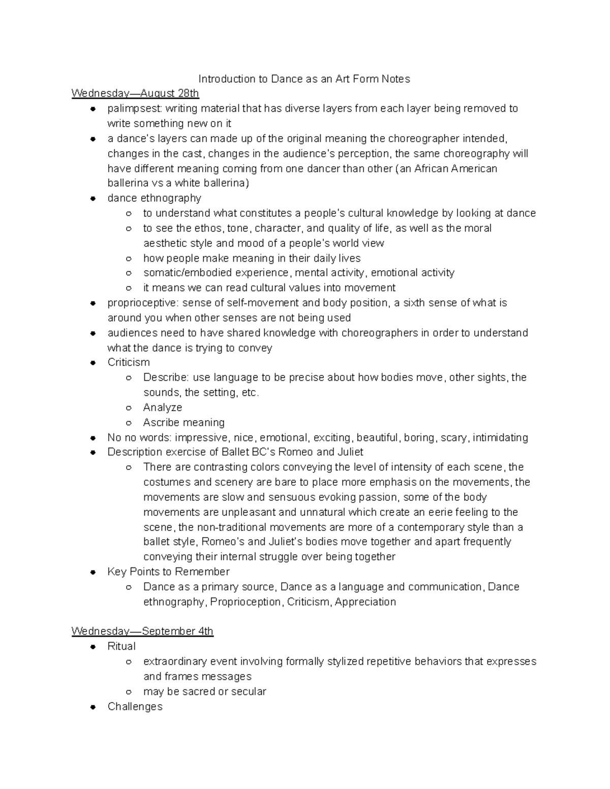 DANC 280 Notes - Introduction to Dance as an Art Form Notes Wednesday ...