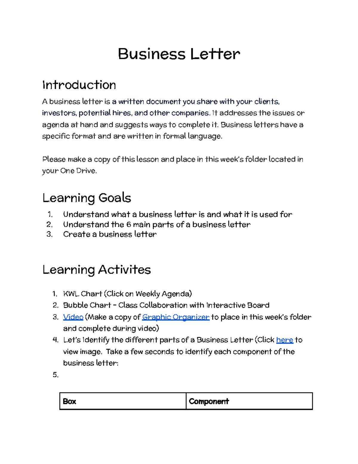 Business Letter Lesson - Business Letter Introduction A business letter ...