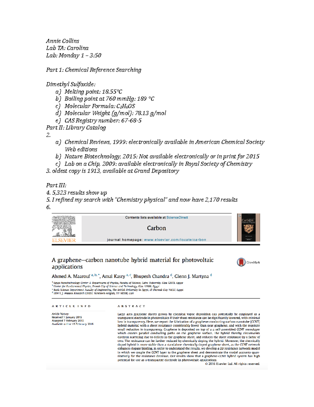 Chem 105b information literacy - Annie Collins Lab TA: Carolina Lab ...