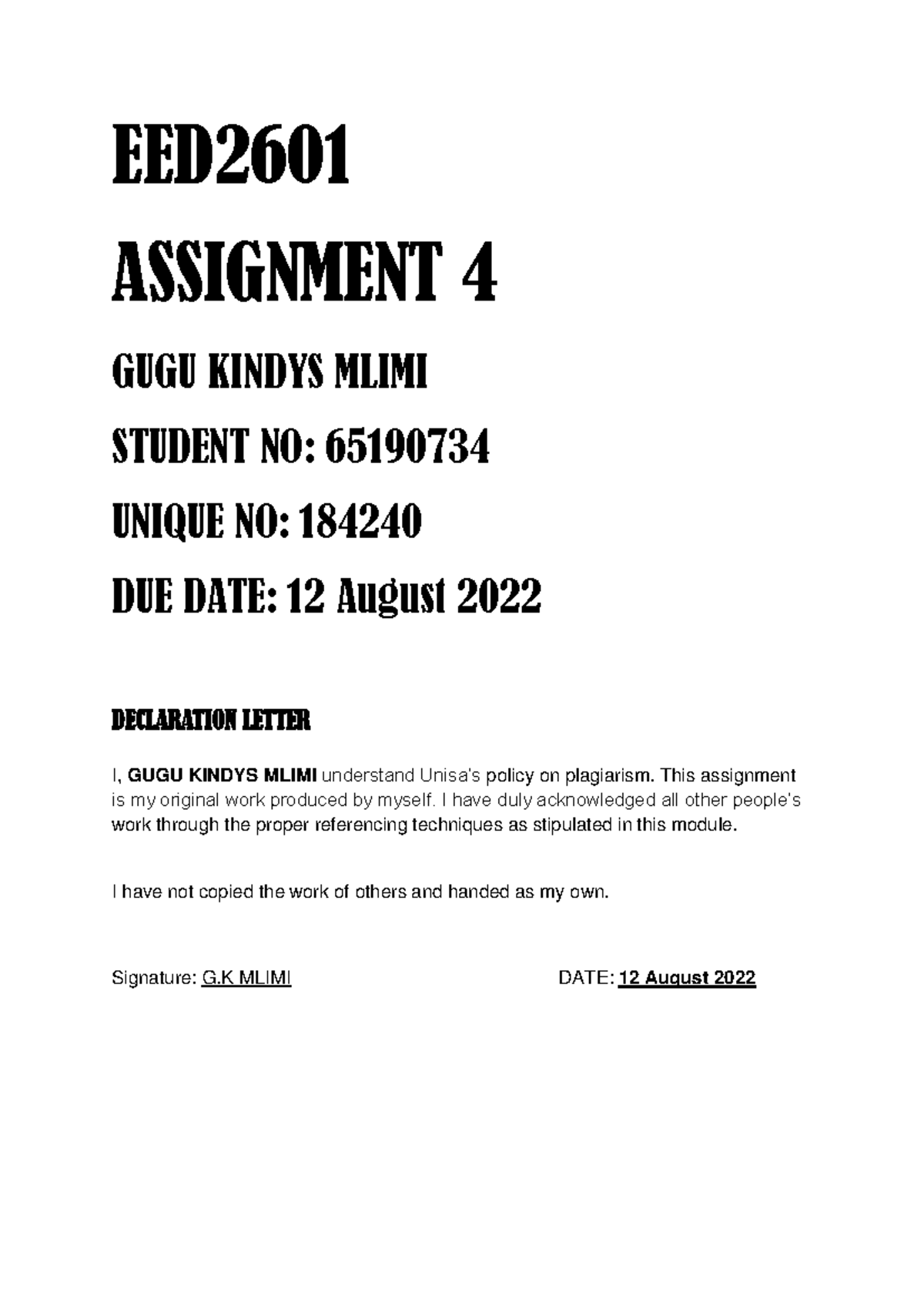 EED2601 Assignment 4 - Assessment - EED ASSIGNMENT 4 GUGU KINDYS MLIMI ...