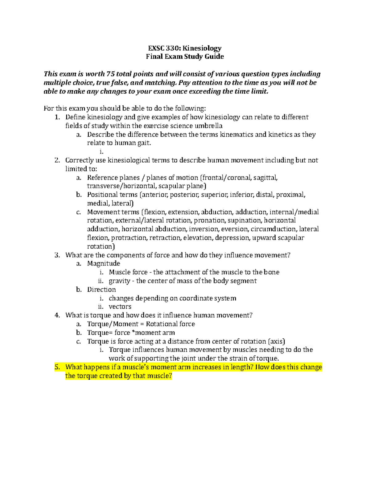 EXSC 330 - Final Exam Study Guide - Google Docs - 5/7/2019 EXSC 330 ...