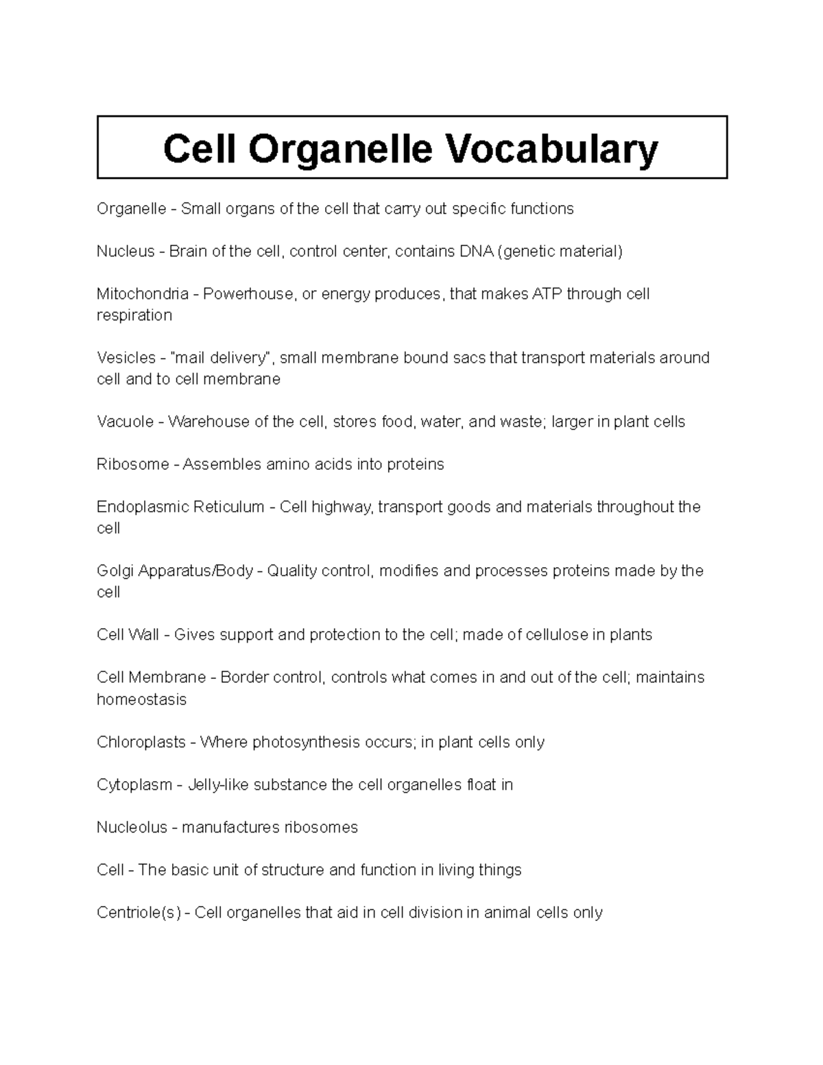 Cell Organelle Vocabulary Worksheet Answer Key