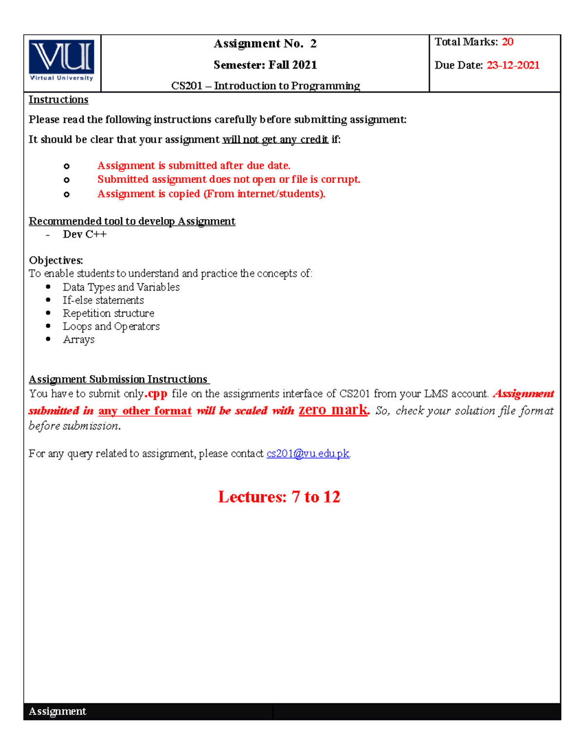Fall 2021 CS201 2 - LECTURE NOTES - Assignment No. 2 Semester: Fall ...