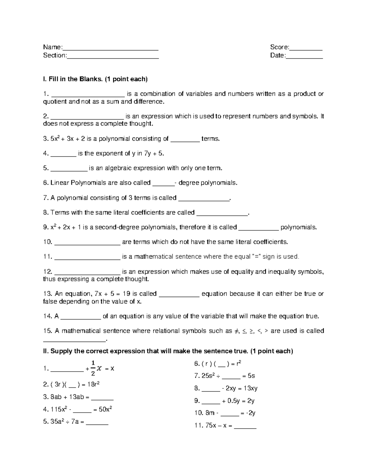 Practice Exercises in Algebra with Solution Set - Name ...