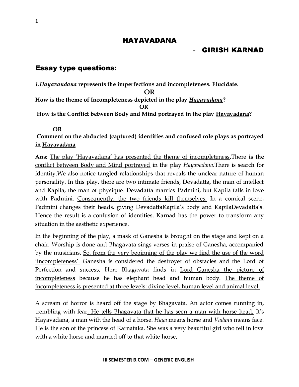 Hayavadana final notes - HAYAVADANA - GIRISH KARNAD Essay type ...