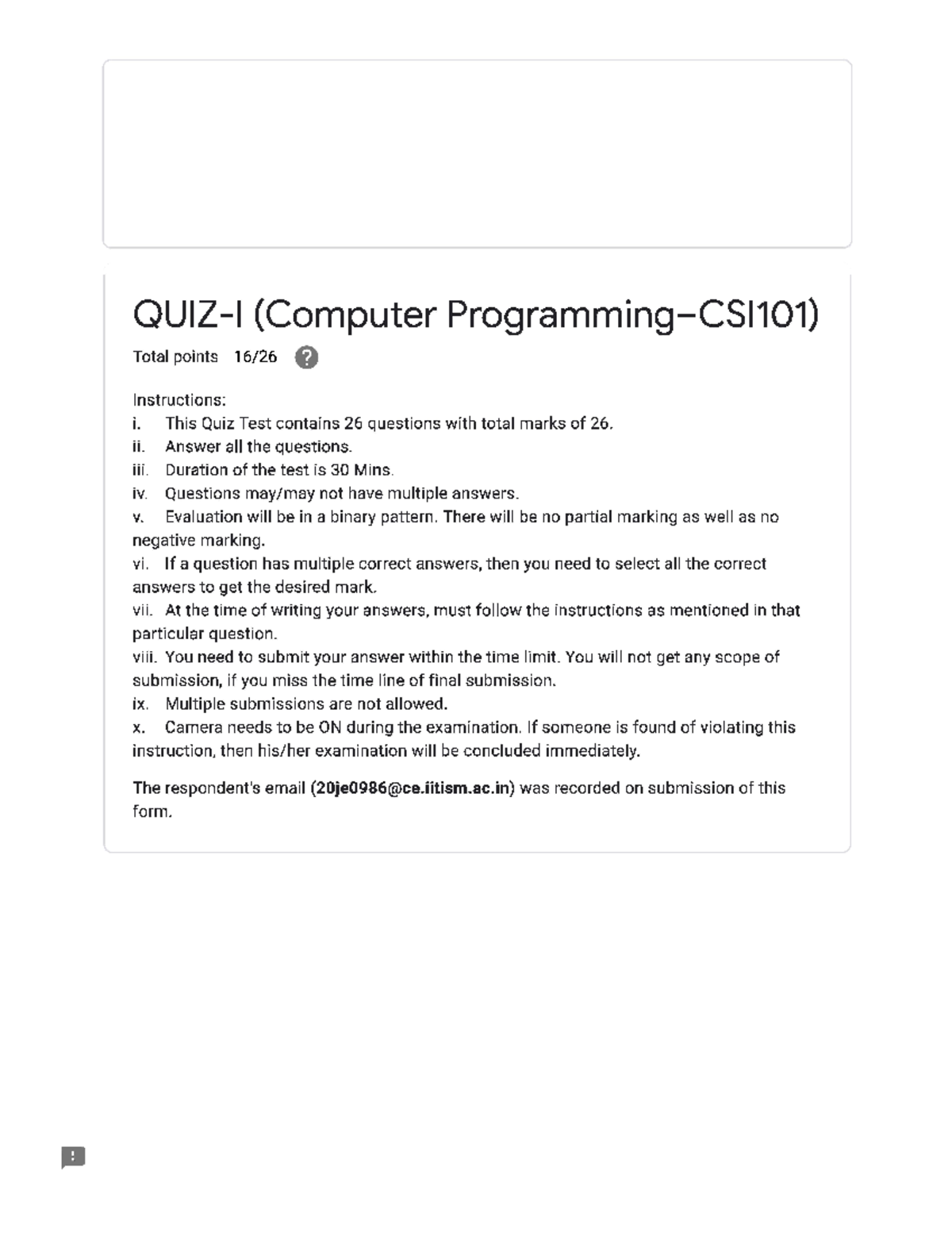 Quiz-1 2021-2022 - QUIZ-I (Computer Programming-CSl101) ####### Total ...