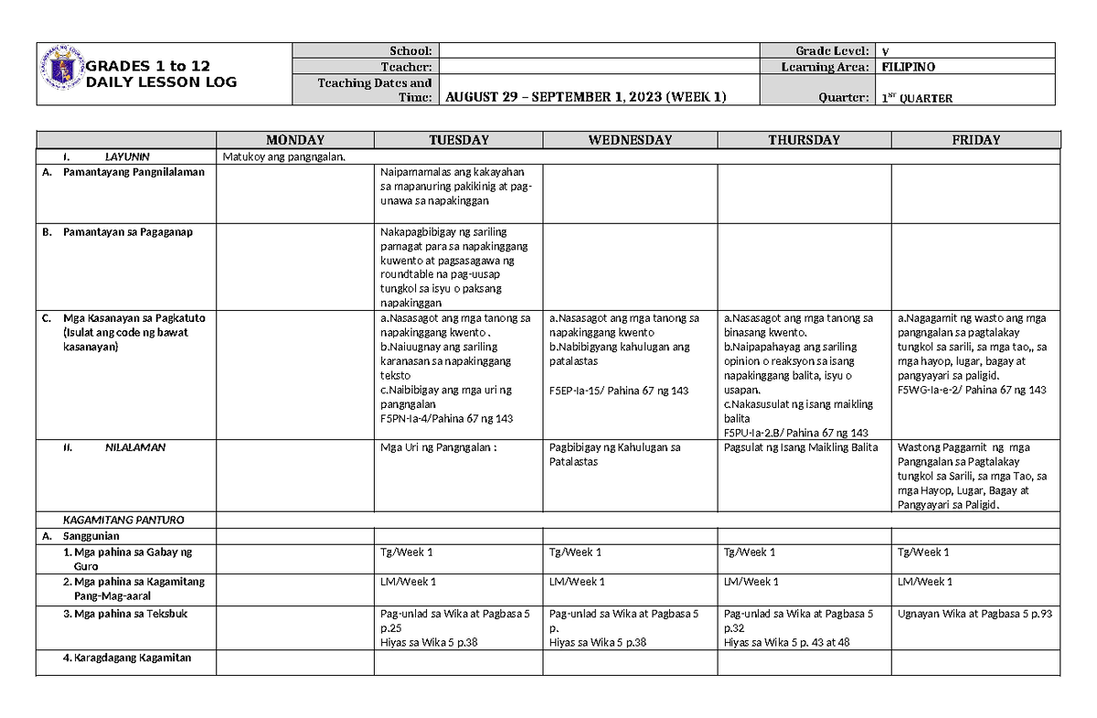 DLL Filipino 5 Q1 W1 - OK OK - GRADES 1 to 12 DAILY LESSON LOG School ...