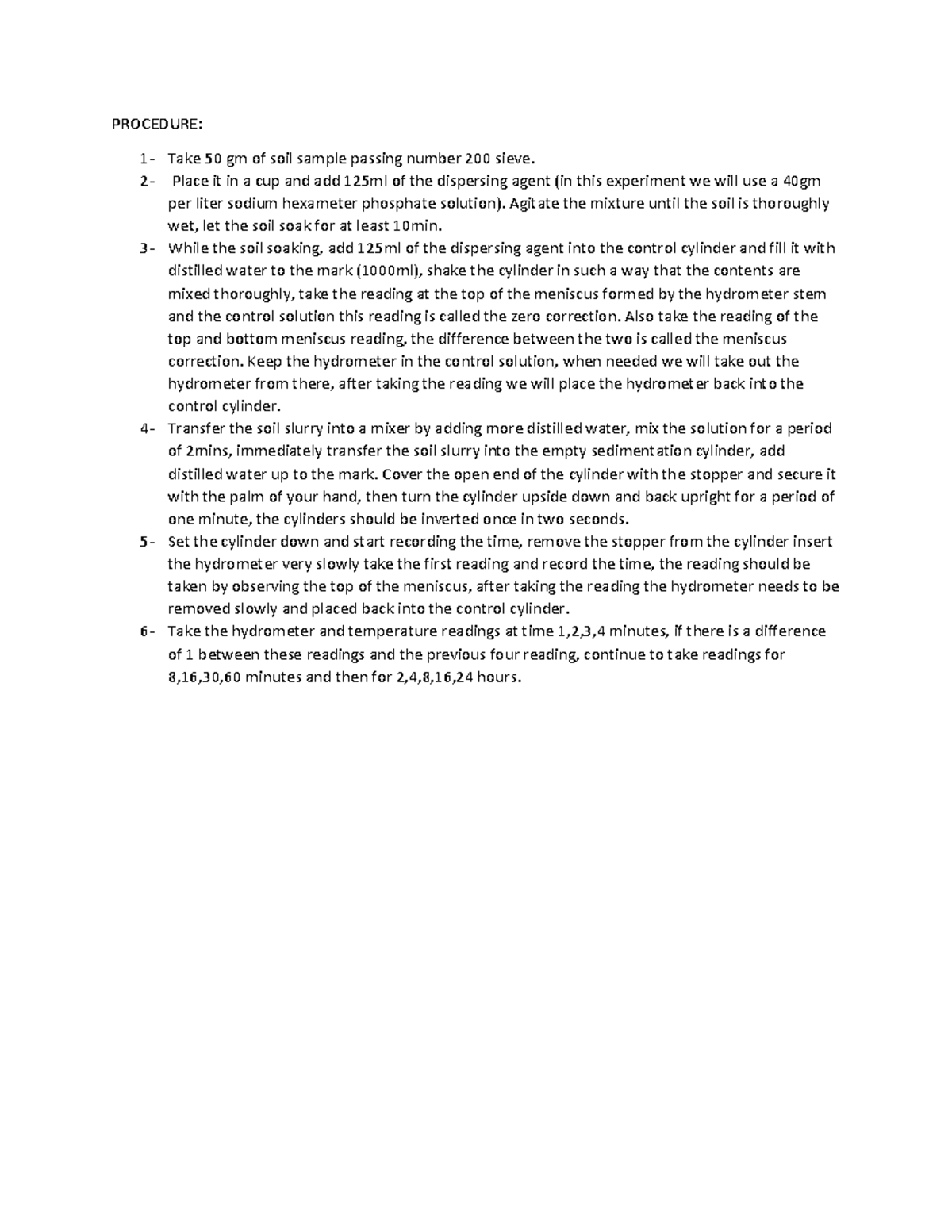 Hydrometer analysis compaction lab report PROCEDURE 1 Take 50 gm