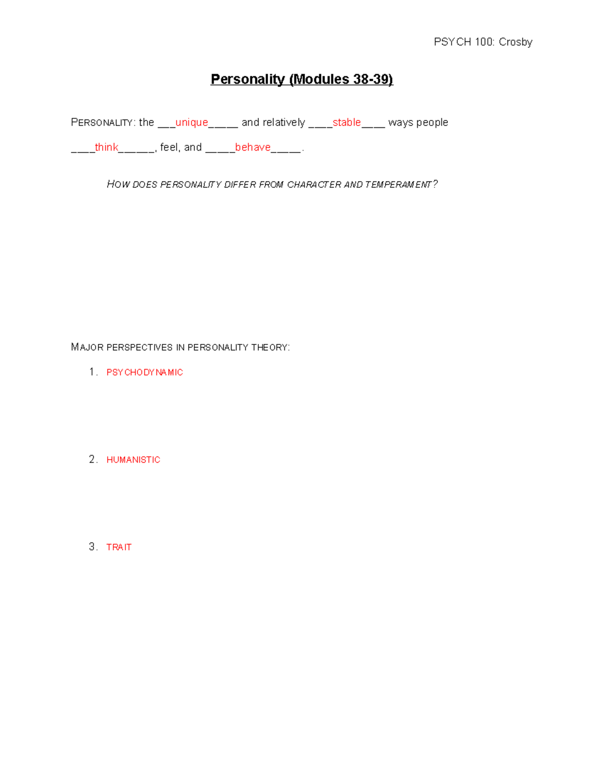 PSYCH 100 Personality Student - Personality (Modules 38-39) PERSONALITY ...