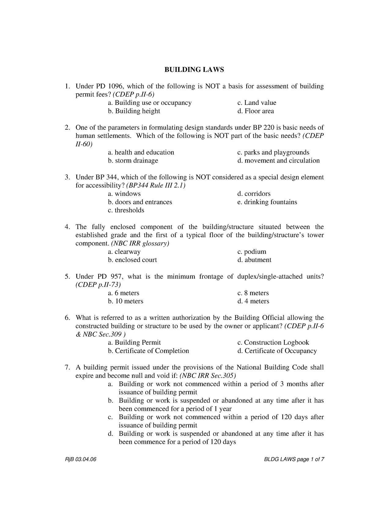 Bldg laws Exam Laws about building codes BUILDING LAWS Under PD