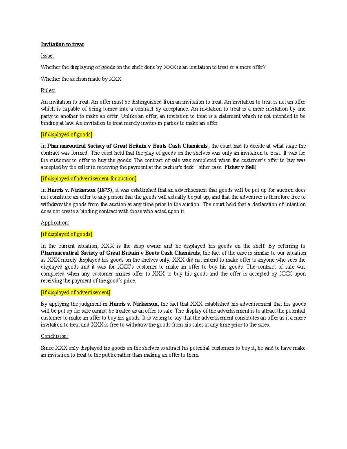 ITT and Misrepresentation Sample IRAC Invitation to treat Issue