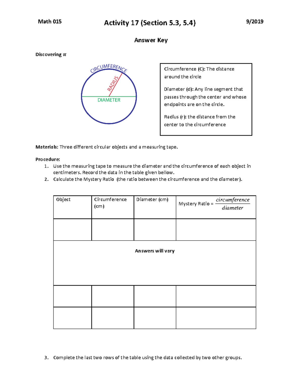 Activity 17 (Section 5.3 - 5.4 ) Answer Key 9-2019 - Math 015 Activity ...