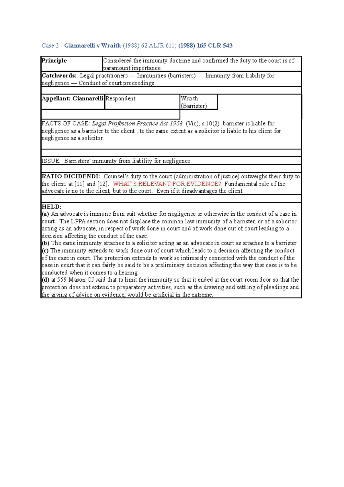 Case 2 - case summaries - Case 3 - Giannarelli v Wraith (1988) 62 ALJR ...