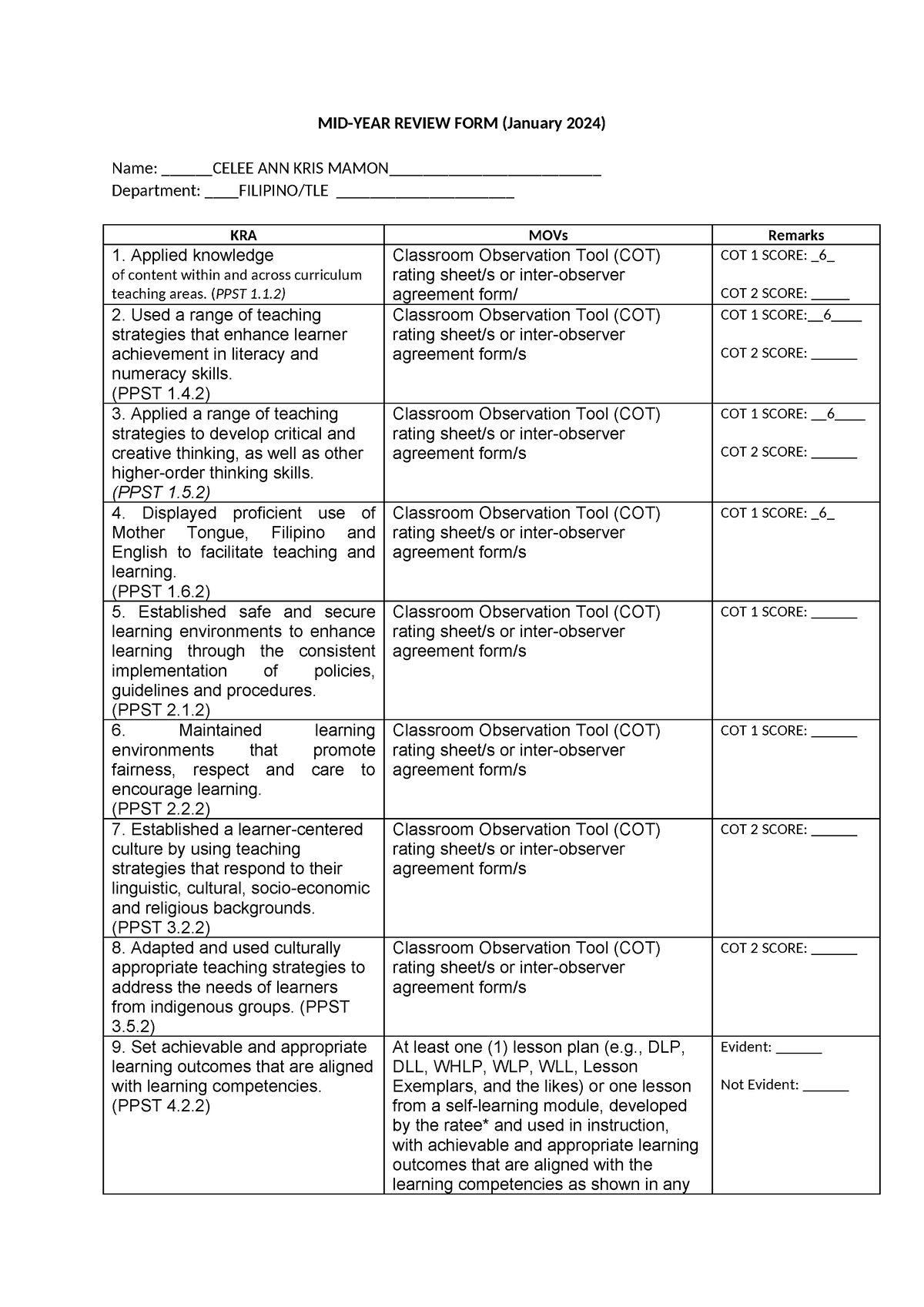 MRFCopy MIDYEAR REVIEW FORM (January 2024) Name CELEE ANN KRIS