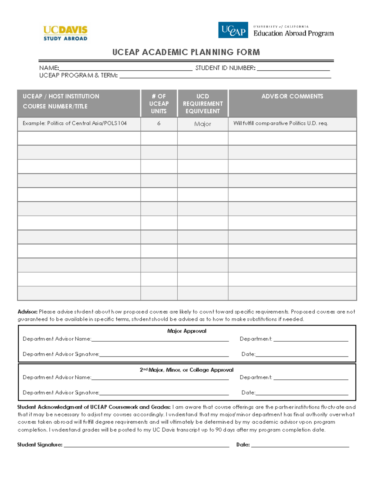 Uceap academic planning form 1718fillable uceap 101 UC Davis Studocu