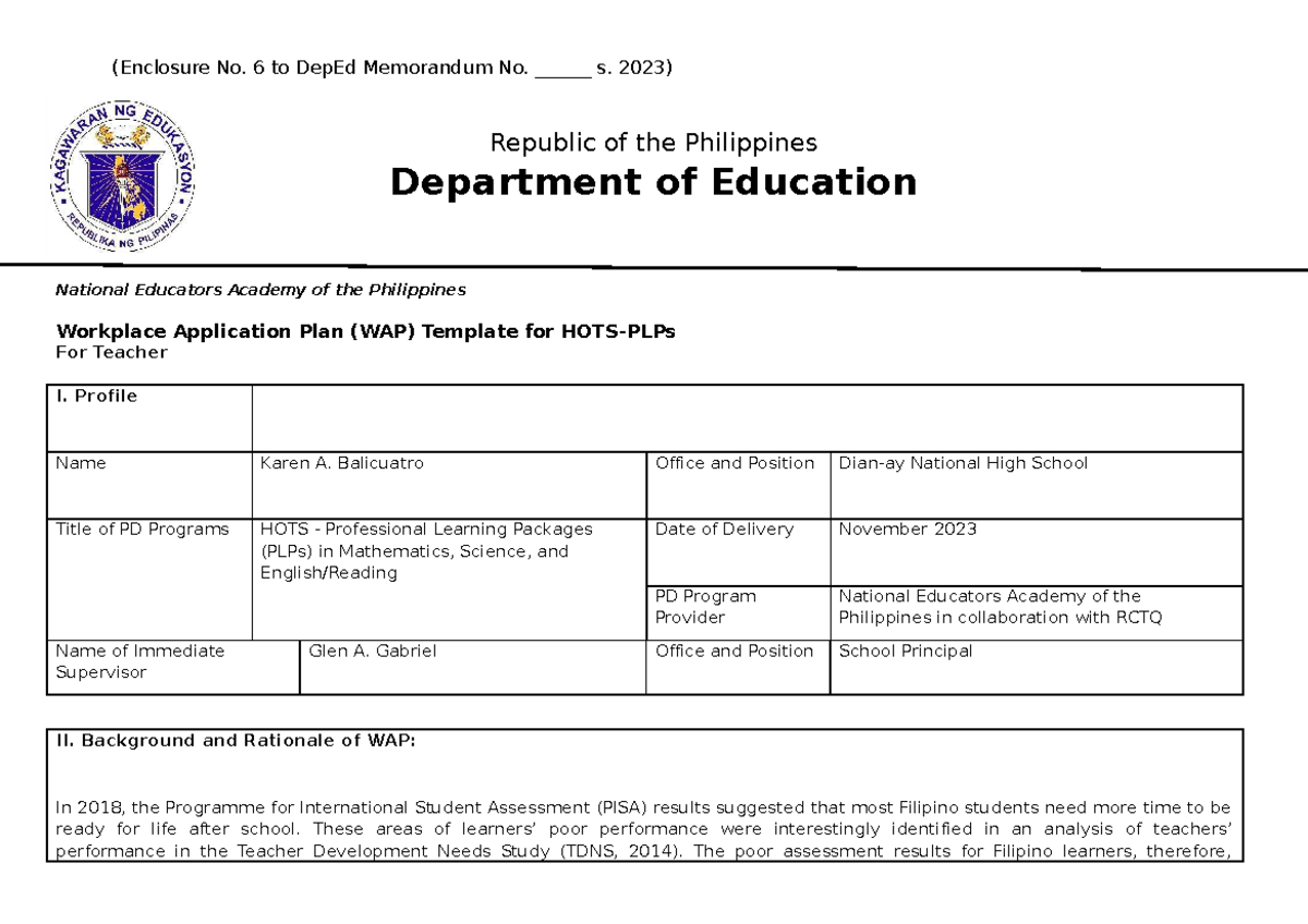 WAP Karen A. Balicuatro - (Enclosure No. 6 to DepEd Memorandum No ...