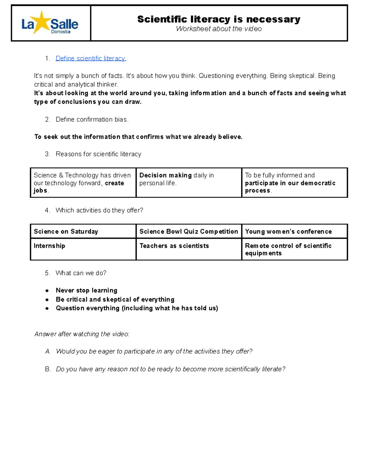 Scientific literacy is necessary - worksheet about the video. Solutions ...