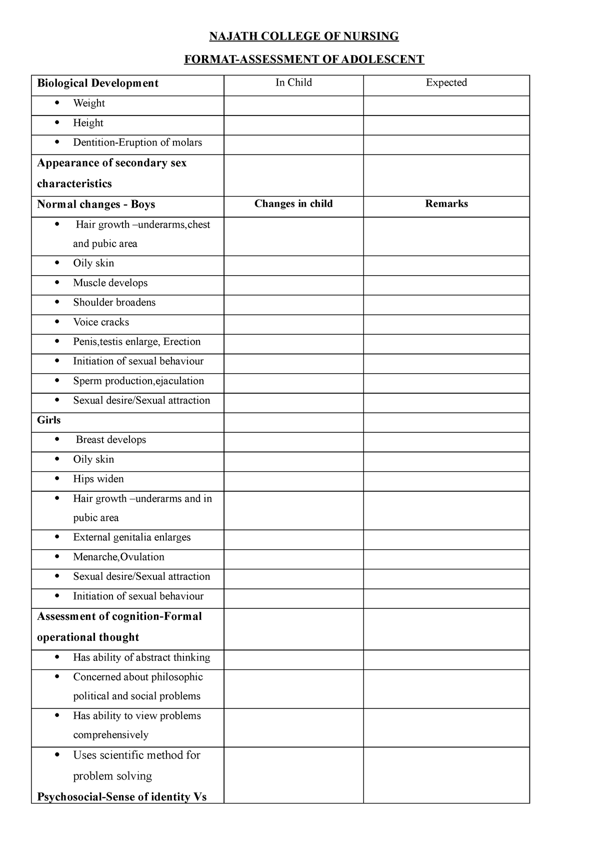 Beema - Assessment of Adolesent - NAJATH COLLEGE OF NURSING FORMAT ...