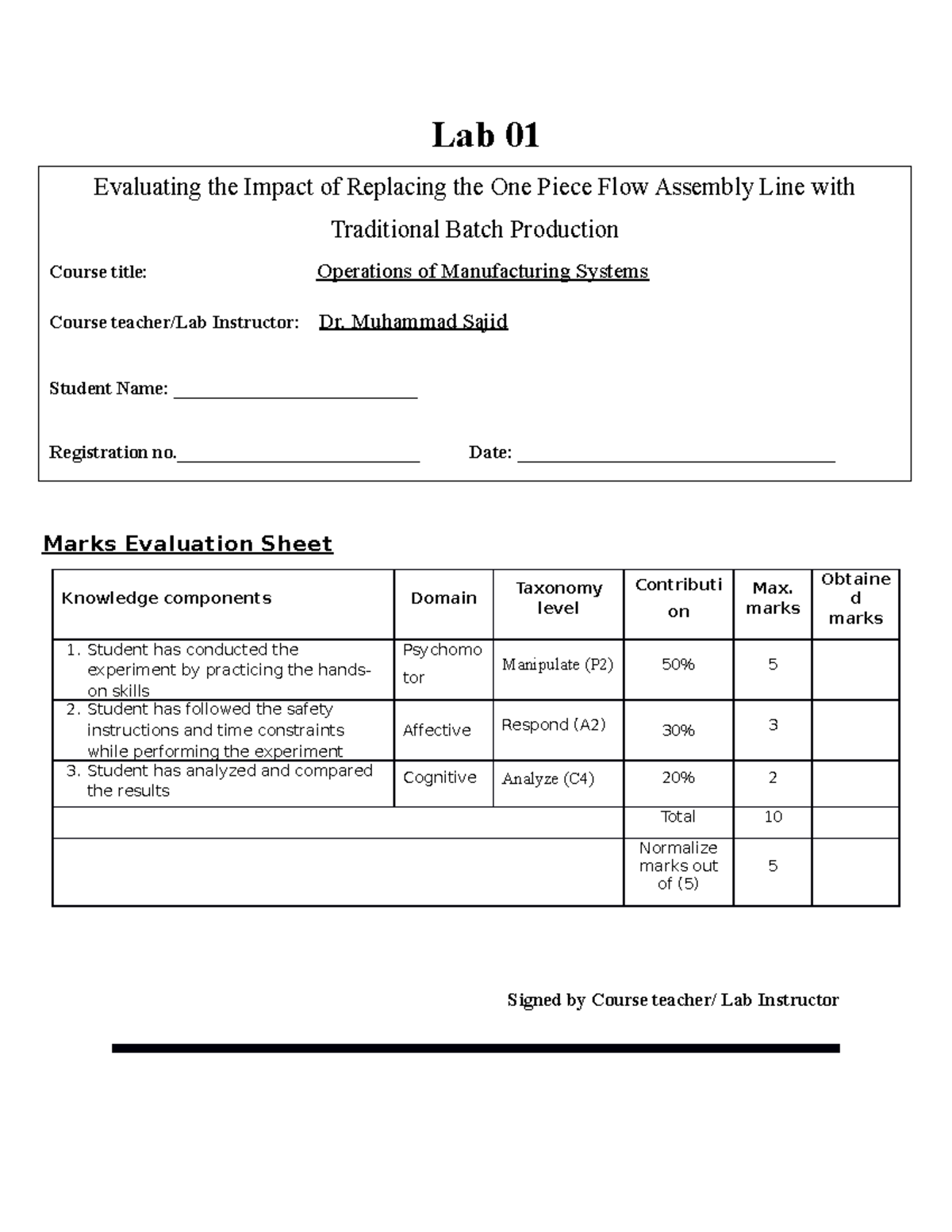 Lab Module 01 - Lab 01 Marks Evaluation Sheet Knowledge components ...