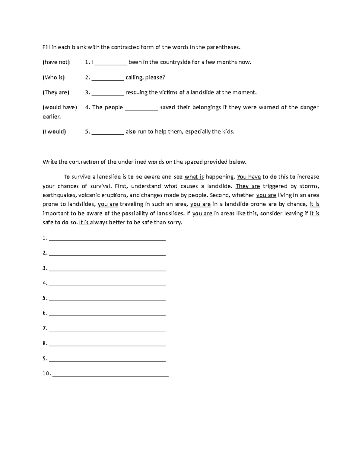 Contractions - juing losewas gtfdrsw - Fill in each blank with the ...