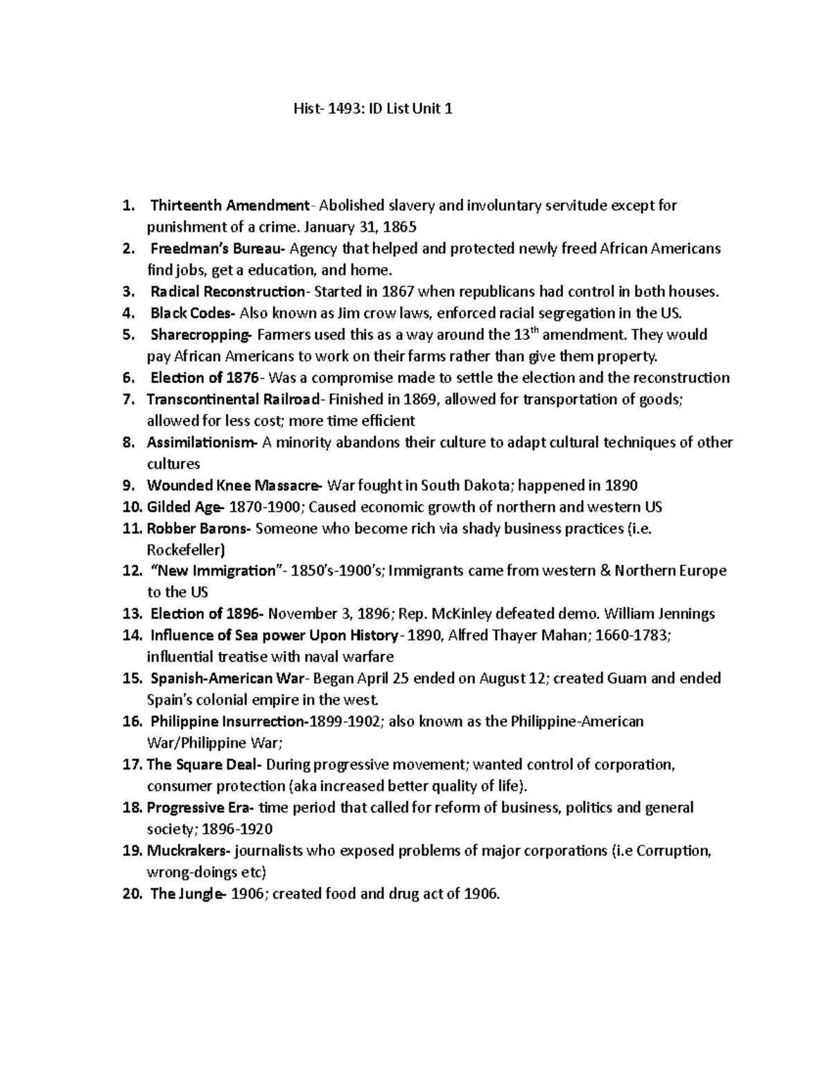 HIST ID List Unit 1 Vocab. list unit 1 Hist 1493 ID List Unit 1