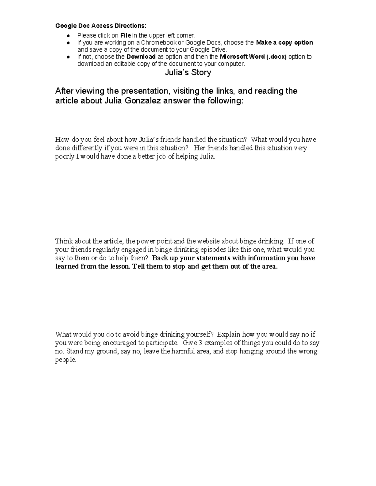 Copy of Health Module Five Lesson One Activity Two - Google Doc Access ...