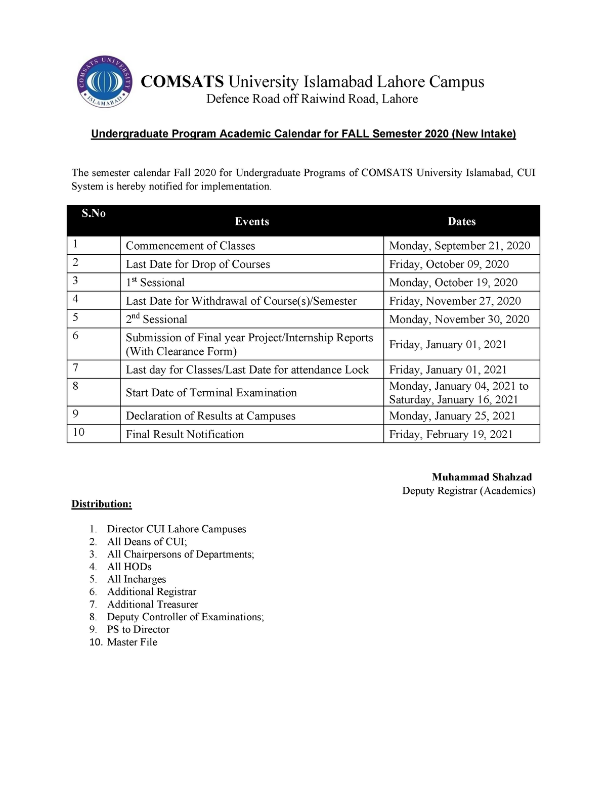 UG Semester Calendar FALL 2020 Actuarial Statistics CUI Studocu