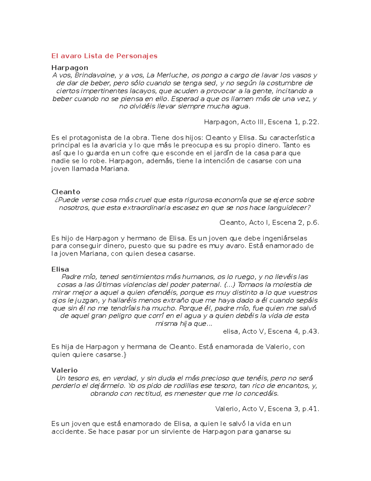 El avaro Lista de Personajes - El avaro Lista de Personajes Harpagon A ...