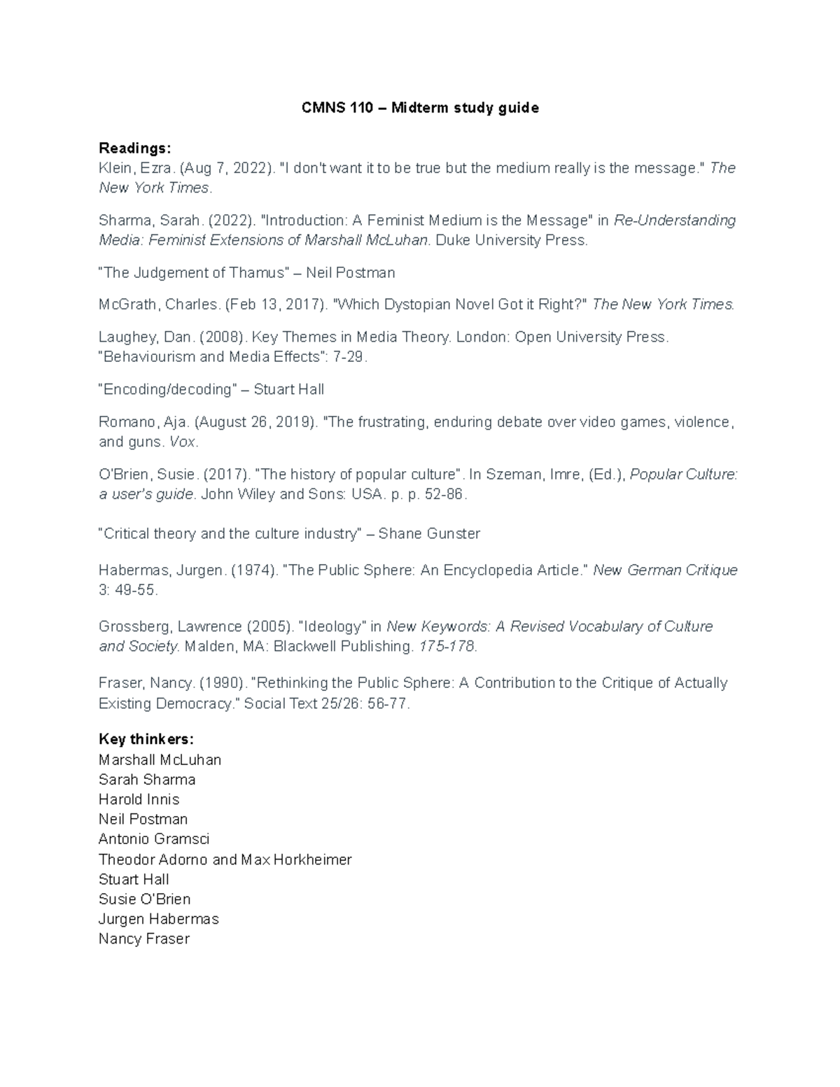 CMNS 110 – Midterm study guide - CMNS 110 – Midterm study guide ...