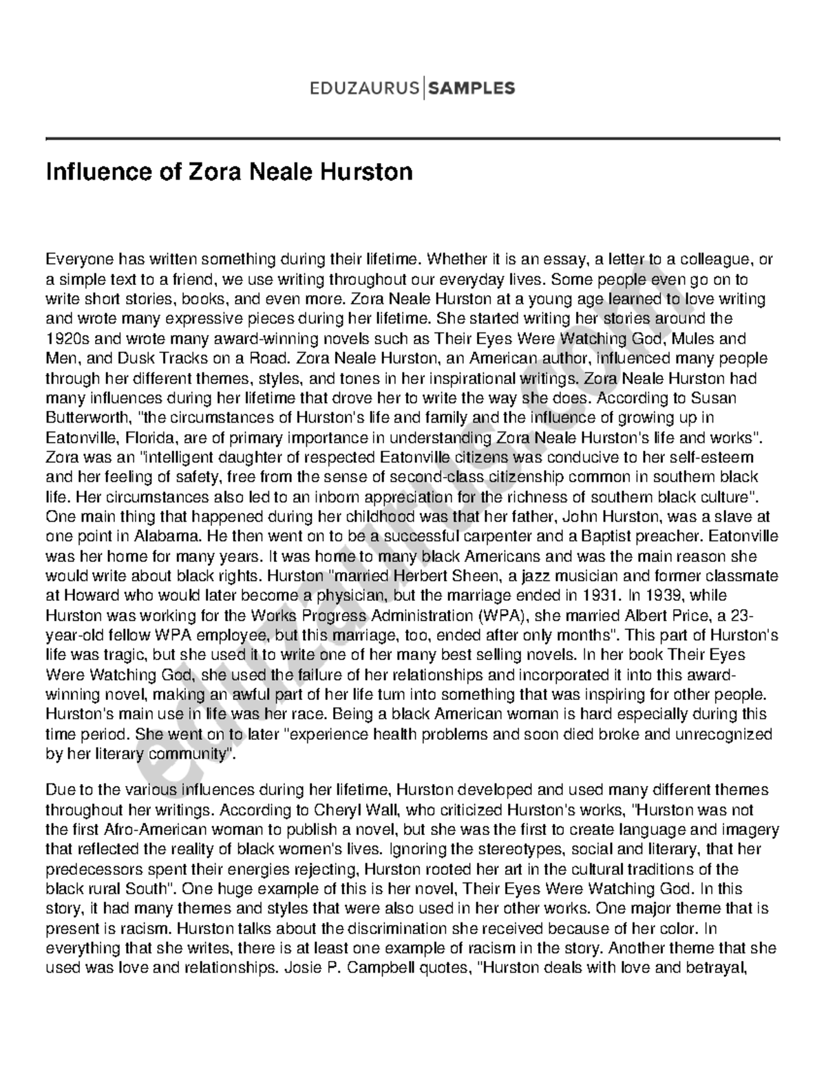 Influence of Zora Neale Hurston - Influence of Zora Neale Hurston