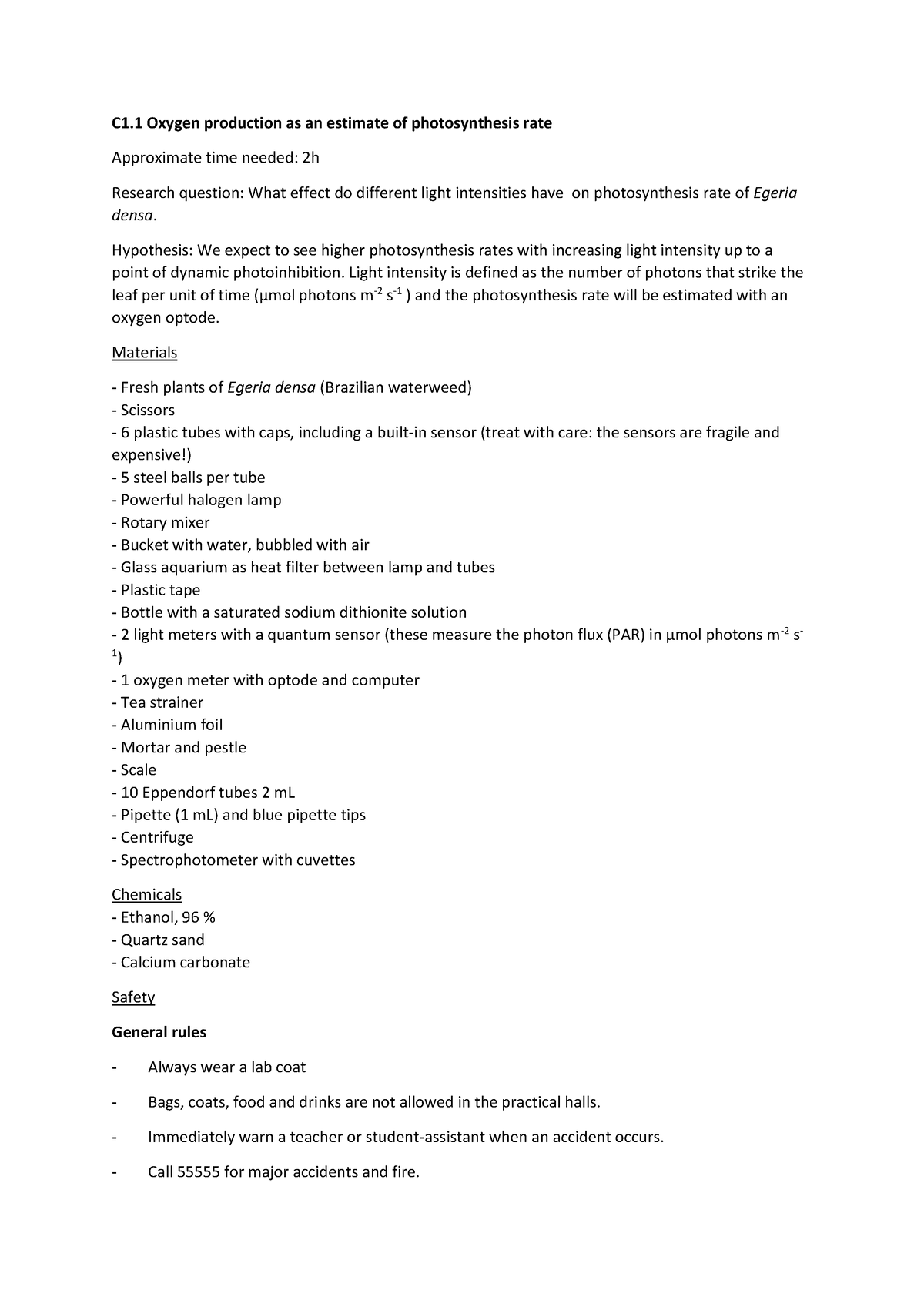 Plant physiology lab - C1 Oxygen production as an estimate of