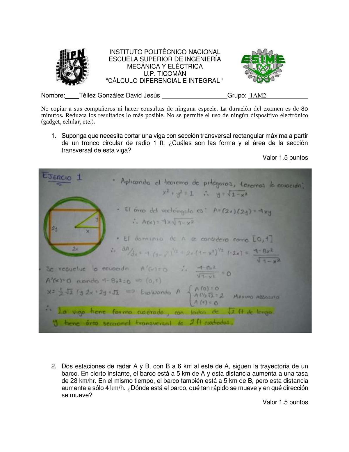 Examen Cálculo Diferencial E Integral - INSTITUTO POLITÉCNICO NACIONAL ...