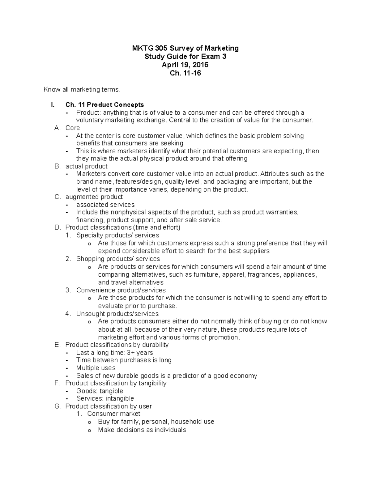 Marketing study guide 3 - MKTG 305 Survey of Marketing Study Guide for ...