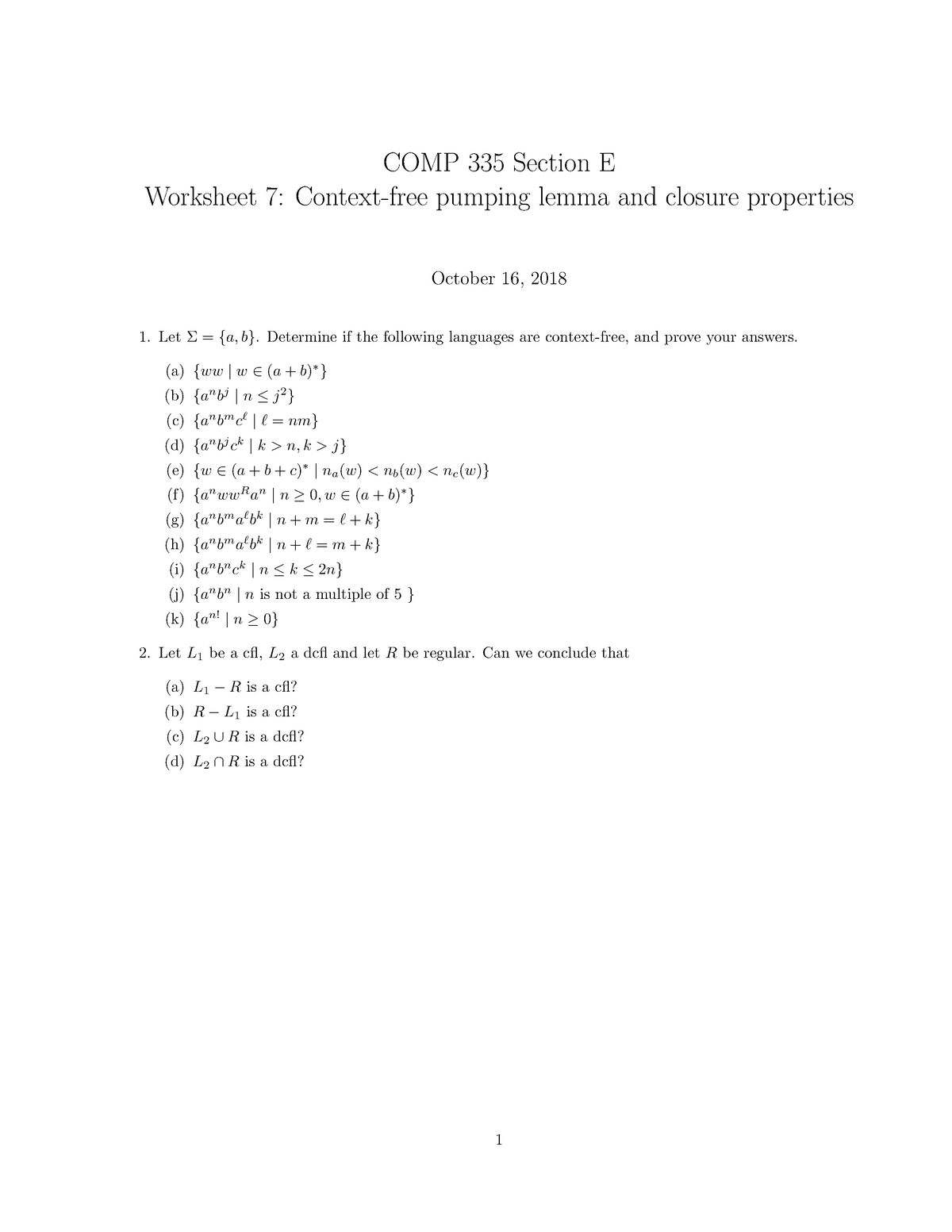 Worksheet Cfl Pumping Lemma Comp 335 Section Worksheet Pumping Lemma And Closure Studocu